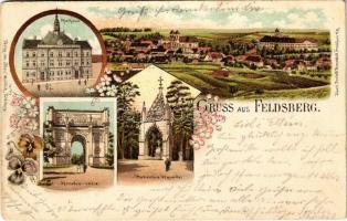 1899 (Vorläufer) Valtice, Feldsberg; Rathaus, Rendez-vous, Hubertus Kapelle / town hall, general view, chapel. Kunstanstalt Rosenblatt Art Nouveau, floral, litho (EK)