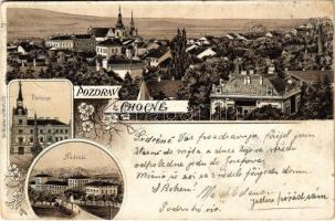 1900 Chocen, Radnice, Nádrazi / town hall, railway station, general view. Lit. F. Hoblik Art Nouveau, floral, litho (worn corners)