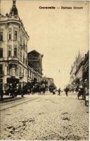 1917 Chernivtsi, Czernowitz, Cernauti, Csernyivci; Rathaus Strasse, Librarie / Town hall, street, tram, book printing shop