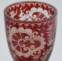 3 db metszett rubin üveg emléktárgy XIX. sz. vége. - vadászati jelentekkel 16 cm-ig