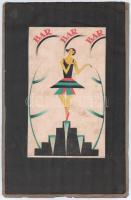 Jelzés nélkül: Bar bar bar (táncosnő). Akvarell, ceruza, tus, papír, papírra kasírozva. Art deco rajz, 1925-30 körül. Kissé foltos. 23x14 cm.