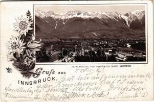 1895 (Vorläufer!!!) Innsbruck (Tirol), Totalansicht von Innsbruck nach Norden / general view. O.Z.M. Art Nouveau, floral, litho (EK)
