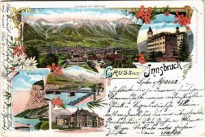 1897 (Vorläufer!) Innsbruck (Tirol), vom Berg Isel, Schloss Ambras, Innbrücke, Martinswand, Stadtsäle / general view, castle, bridge. Mehner & Maas Art Nouveau, floral, litho (EK)
