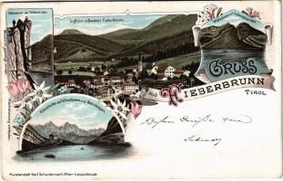 1898 (Vorläufer) Fieberbrunn (Tirol), Felsenpartie am Wildseeloder, Luftcur- u. Badeort Fieberbrunn, Wildalpsee mit Loderspitze, Schutzhütte am Wildalpsee m. d. Steinbergen. Kunstanstalt Karl Schwidernoch Art Nouveau, floral, litho (EK)