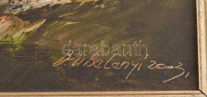 Bubelényi László (1953-): Naplemente a tóparton. Olaj, farost, jelzett, hátoldalán címkén feliratozo...