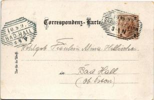 1897 (Vorläufer!) Braunau am Inn, Palm-Denkmal, Neue Innbrücke, Stadthaus, Österr. Brücken Portal, S...