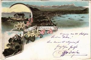 1897 (Vorläufer!) Bregenz, Pfänderspitze mit Hotel Pfänder, St. Gebhardskapelle / mountain peak, hotel, chapel. Druck u. Verlag v. Louis Glaser Art Nouveau, floral, litho (EB)