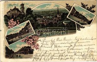 1898 (Vorläufer) Amstetten, Schloss Wallse, Hauptplatz, Wiener Strasse / castle, main square, street view. Regel & Krug Art Nouveau, floral, litho (EK)