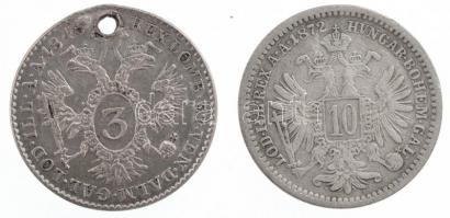 Ausztria 1846A 3kr Ag "V. Ferdinánd" ly. + 1872. 10kr Ag "Ferenc József" T:2-,3 Austria 1846A 3 Kreuzer Ag "Ferdinand I" ly. + 1872. 10 Kreuzer Ag "Franz Joseph" C:VF,F