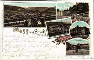 1897 (Vorläufer!) Bruck an der Mur (Steiermark), Schlossberg, Pius-Institut, Schulhaus, Hauptplatz. Druck v. Regel & Krug Art Nouveau, floral, litho
