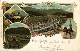 1901 Gloggnitz, Schloss Wartenstein, Maria Taferl a. Eichberg, Partie am Silbersberg / castle, church, deer. Druck v. Regel & Krug Art Nouveau, floral, litho (EK)