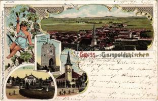 1898 (Vorläufer) Gumpoldskirchen, Wilhelm Warte am Anninger, Richard Hof, Rathaus / lookout tower, town hall. Regel & Krug Art Nouveau, floral, litho (EK)