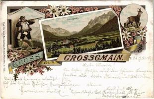 1897 (Vorläufer!) Großgmain, Grossgmain; general view, hunter, folklore. Carl Otto Hayd Kunstverlags-Anstalt Art Nouveau, floral, litho (EK)