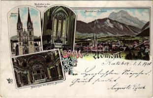 1900 Admont (Steiermark), Blasius-Münster, Hochaltar in der Stiftskirche, Admont m. d. Buchstein, Bibliothek des Stiftes Admont. O.Z.M. Art Nouveau, floral, litho (EK)