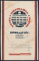 Hotel Brittannia (Britannia, Budapest) szobajegy, art deco reklám terv, 1925-35 körül. Tus, akvarell, ceruza, karton. Jelzés nélkül, feltehetően Galambos Margit terve. Kissé foltos. 12x7,5 cm