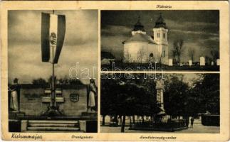 1942 Kiskunmajsa, országzászló, kálvária, Szentháromság szobor (EK)