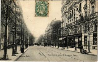 1904 Paris, Rue Mozart, prise de la rue de Passy / street view, tram, pharmacy, shops (EK)