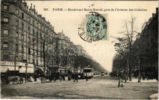 1904 Paris, Boulevard Saint-Marcel, pris de lAvenue des Gobelins / street view, tram, shops (EK)