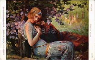 Viviane et Merlin / Lady art postcard, romantic couple. Salon de 1913. Société des Artistes Francais s: Gaston Bussiere