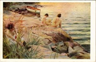 Badande flickor / Les baigneuses / Badende Mädchen / Erotic nude lady art postcard. Göteborgs Museum s: Anders Zorn (EK)