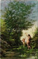 Nymphe mit Amor / Erotic nude lady art postcard. Stengel s: Corot (vágott / cut)