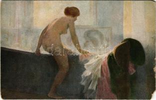 Das Bad / Erotic nude lady art postcard s: R. Prinet (EM)