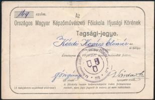 1919 Kézdi-Kovács Elemér (1898-1976) festőművész tagsági jegye, Országos Magyar Képzőművészeti Főiskola Ifjusági Köre, hajtásnyomokkal, 9x14