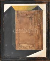 Szikora Tamás (1943-2012): Doboz és színes árnyéka, 2007. Olaj, karton, kollázs, fa, jelezve balra lent. 58x46,5 cm