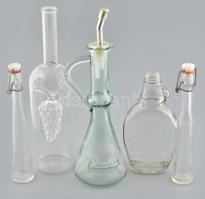 5 db különleges üveg: ecetes, olajos, boros, stb 29 cm-ig