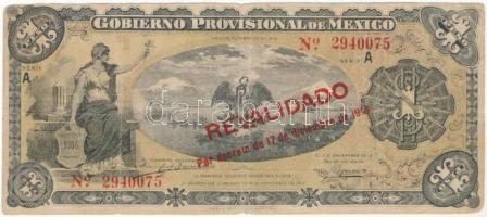 Mexikó / Gobiernói Ideiglenes Kormány / Mexikóváros 1914. 1P piros REVALIDADO felülbélyegzéssel T:III- kis szakadások, folt Mexico / Gobierno Provisional de México / Mexico City 1914. 1 Peso with red REVALIDADO overprint C:VG small tears, spotted Krause P#S701