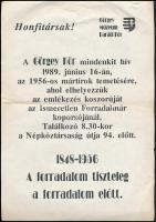 1989 Görgey Múzeum Baráti Kör meghívója az 1956-os mártírok temetésére, röplap, gyűrődésnyomokkal.