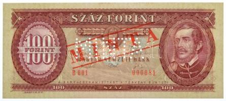 1993. 100Ft piros MINTA felülnyomással és perforációval, B 001 000081 sorszámmal és nyomdai festékfoltokkal T:I Hungary 1993. 100 Forint with MINTA (SPECIMEN) overprint and perforation B 001 000081 serial number, with printing spots C:UNC Adamo F38Ma