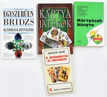 4 db kártyajáték könyv - A jétékkártya és története; Kártyajátékok; Kártyások könyve; Egyszerűen bridzs. Kötetenként változó kötésben, kissé kopottas állapotban.