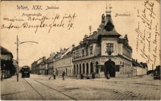1912 Wien, Vienna, Bécs XXI. Jedlesee, Pragerstrasse, Brauhaus / street, tram line 32, Gambrinus brewery, beer hall