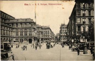 Wien, Vienna, Bécs I. K.k. Hofoper, Kärntnerstrasse / street, tram, automobile, horse chariot (fl)