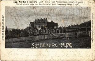 1906 Wien, Vienna Bécs XVIII. Ig. Schreiner's Gast-, Senn- und Winzerhaus Schafberg-Alpe. Naturkurhöhe zwischen Pötzleinsdorf und Dornbach / hotel advertisemennt (creases)