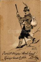 1904 Túrázó férfi. Dombornyomott litho / Hiking man. Embossed litho s: Heyer (fl)