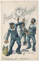 1914 Prosit Neujahr! K.u.K. Kriegsmarine Matrose / Boldog Újévet! / Austro-Hungarian Navy mariner humour art postcard, New Year greeting, drunk mariners. G.C. Pola 1913. s: Ed. Dworak + "SMS RADETZKY" (EK)