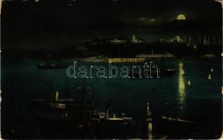 1914 Constantinople, Istanbul; Pointe du Serail / Sarayburnu at night (EB)