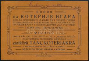 1919 Nagykikinda, meghívó a Nemzeti Szálló nagytermében rendezendő zártkörű tánckoteriákra, kétnyelvű (magyar és szerb), a feladás dátuma 1919. aug. 1. (a Tanácsköztársaság bukásának napja)