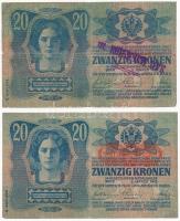 1913. 20K II. kiadás (2x), egyik piros "Deutschösterreich" felülbélyegzéssel, másik cirill...