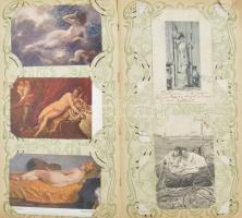 Kb. 160 db RÉGI motívum képeslap albumban vegyes minőségben: festmények, művész, hölgyek, párok, gye...