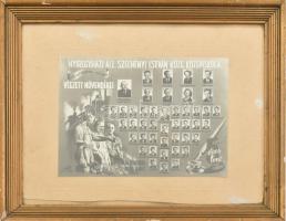 1951 Nyíregyházi Áll. Széchényi István Közg. Középiskola végzett növendékei, tablófotó, 5 éves terv propaganda grafikával, kissé sérült üvegezett fa keretben, 21,5x16 cm