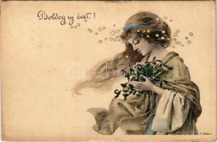 Boldog új évet! Szecessziós hölgy/ New Year, Art Nouveau lady s: R. Auer