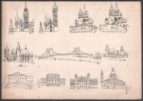 Vegyes grafikai tétel 17 db karikatúrák, tájképek stb. több kéztől