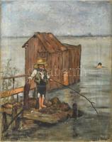Olvashatatlan jelzéssel: Horgászó fiú, 1957. Olaj, vászon, 45,5x36 cm
