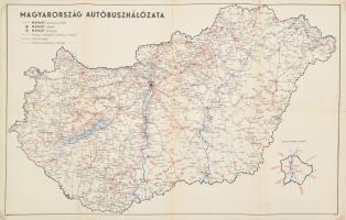 cca 1960 Magyarország MÁVAUT autóbusz-hálózatának térképe, az Utasellátó vállalat reklámképeivel, 41×66 cm