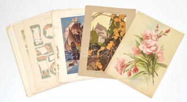 cca 1900-1910 Dekorative Vorbilder, 30 db szecessziós, florális és egyéb ornamentikával, illusztrációval díszített nyomat, vegyes állapotban, 35x25 cm körül
