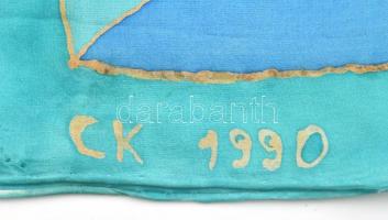 CK 1990 jelzéssel Kék-zöld-arany kézzel festett kendő 90x87 cm