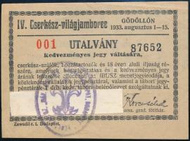 1933 Gödöllő, IV. Cserkész-világjamboree utalvány kedvezményes jegy váltására